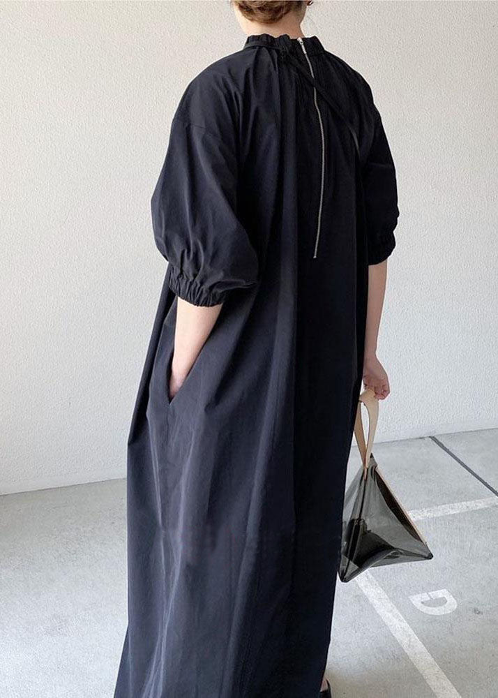 Handmade Black Stand Collar Patchwork Cotton Long Dress Half Sleeve Summer