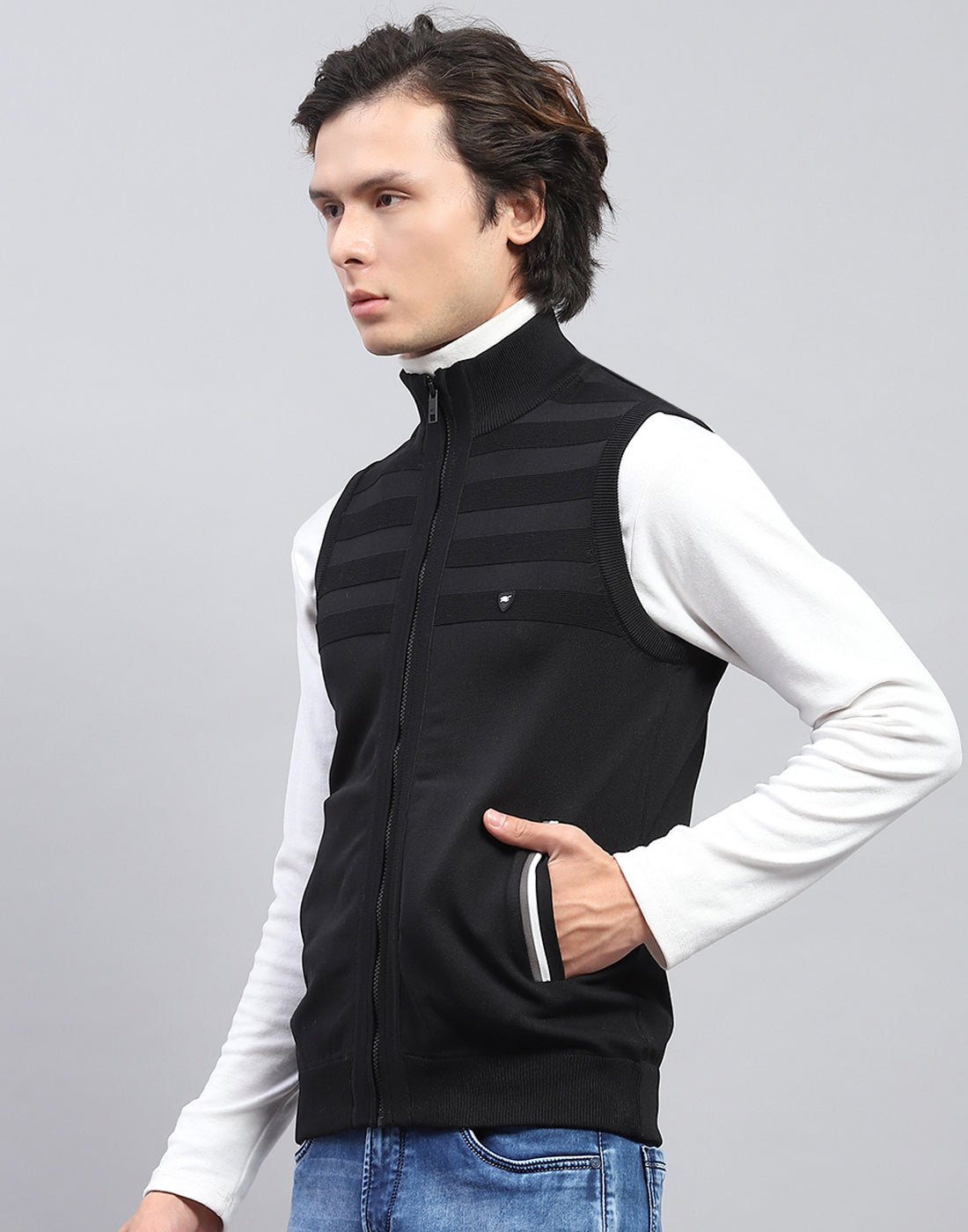 Men Black Solid Mock Neck Sleeveless Sweater