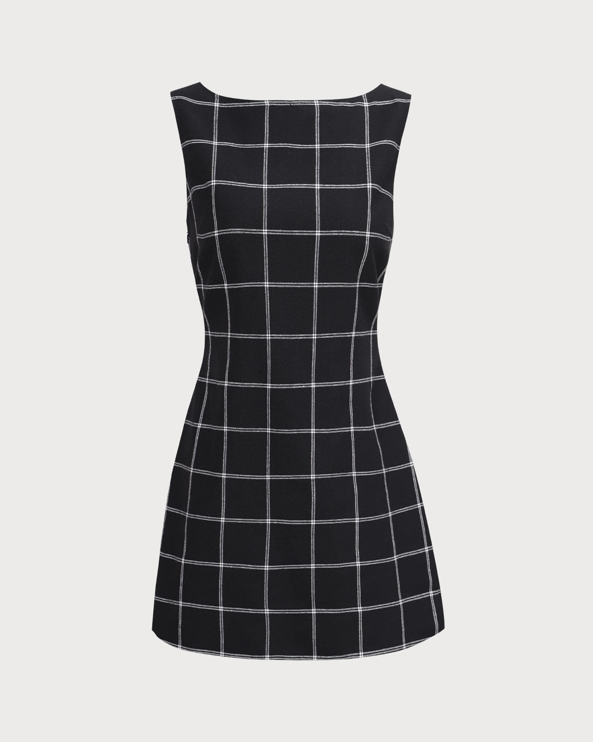 The Black Boat Neck Cotton Linen Plaid Mini Dress