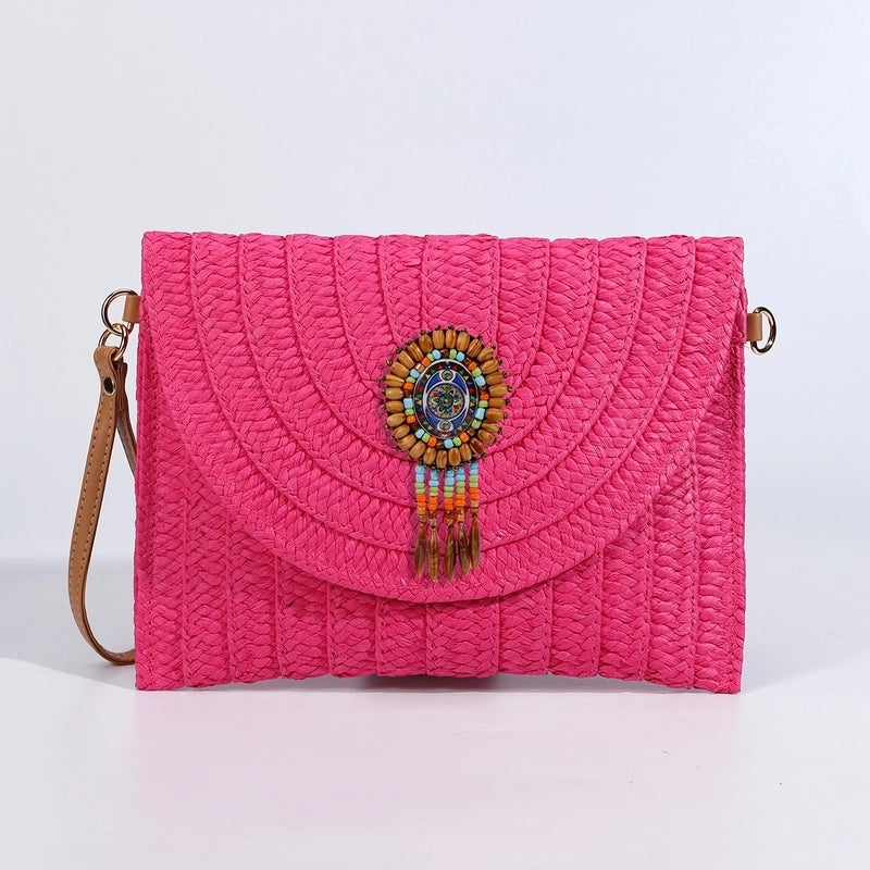 Orange Green Beige Straw Geometric Square Evening Bags