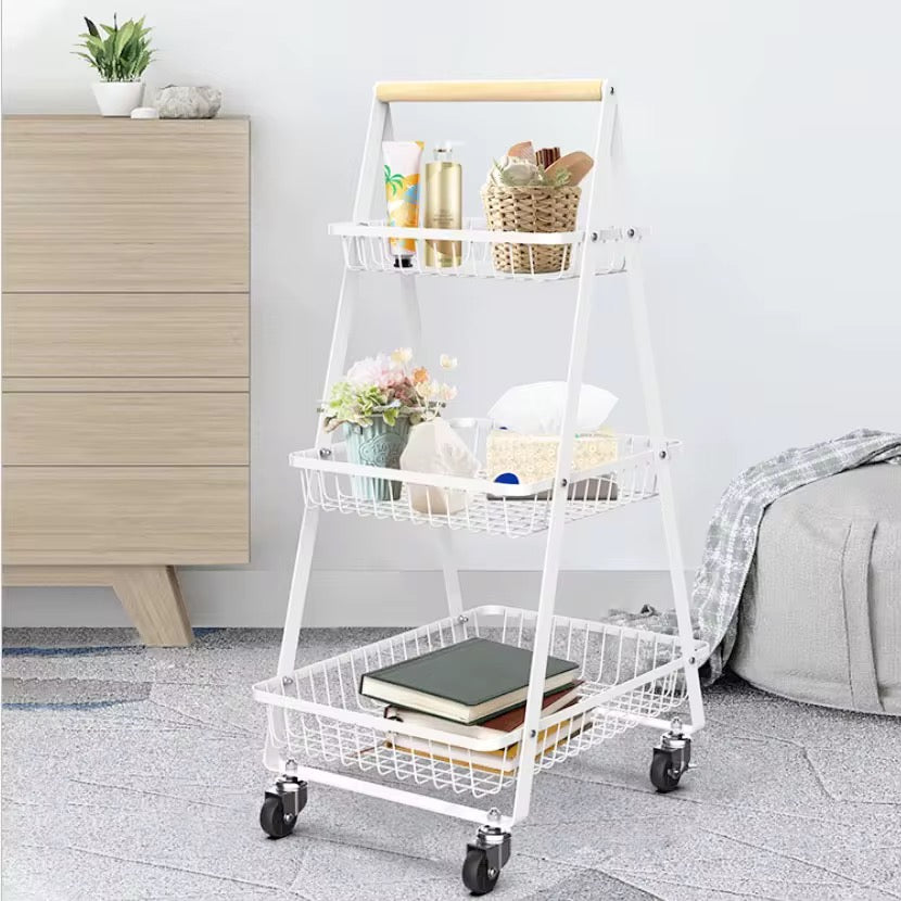 3-Tier Rolling Utility Cart Storage Shelves Multifunction Storage Vegetable Kitchen Trolley Service Cart with Mesh Basket Handles and Wheels Easy Assembly for Bathroom. Kitchen. Office.