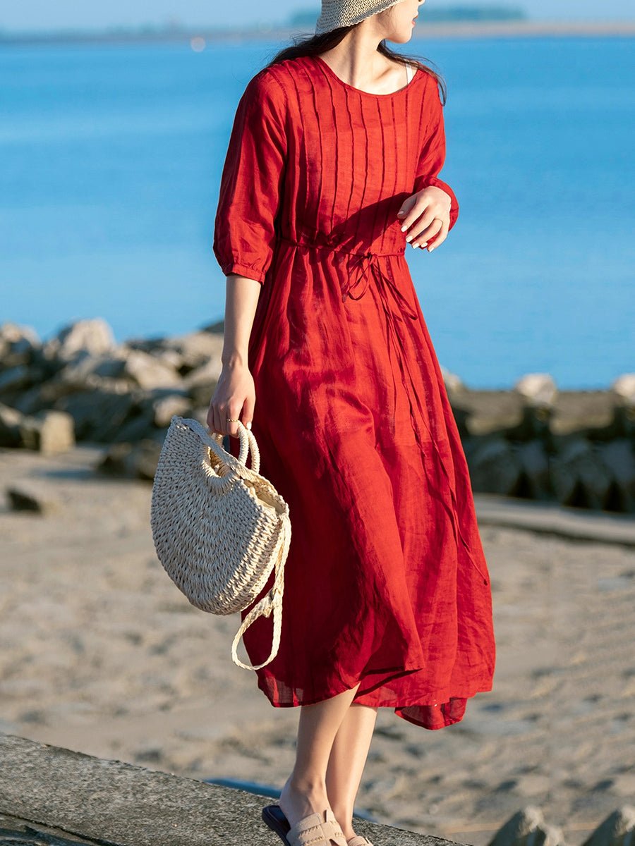 Women Summer Artsy Pure Color O-Neck Shirred 100%Ramie Dress
