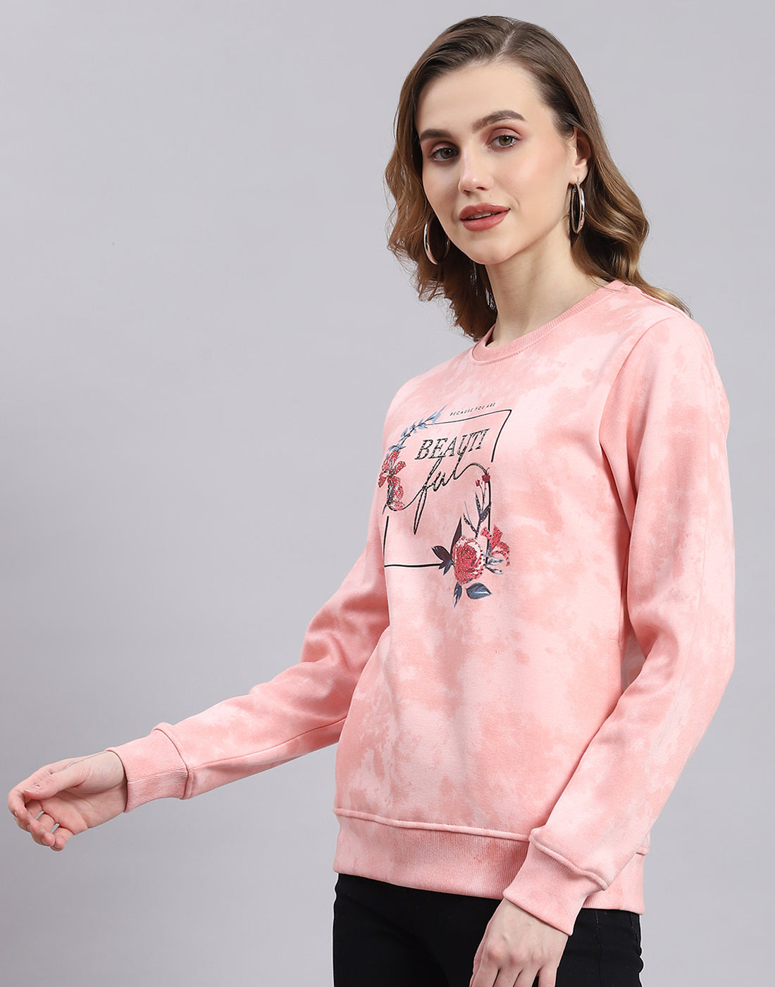 Women Pink Printed Round Neck Full Sleeve Sweatshirt