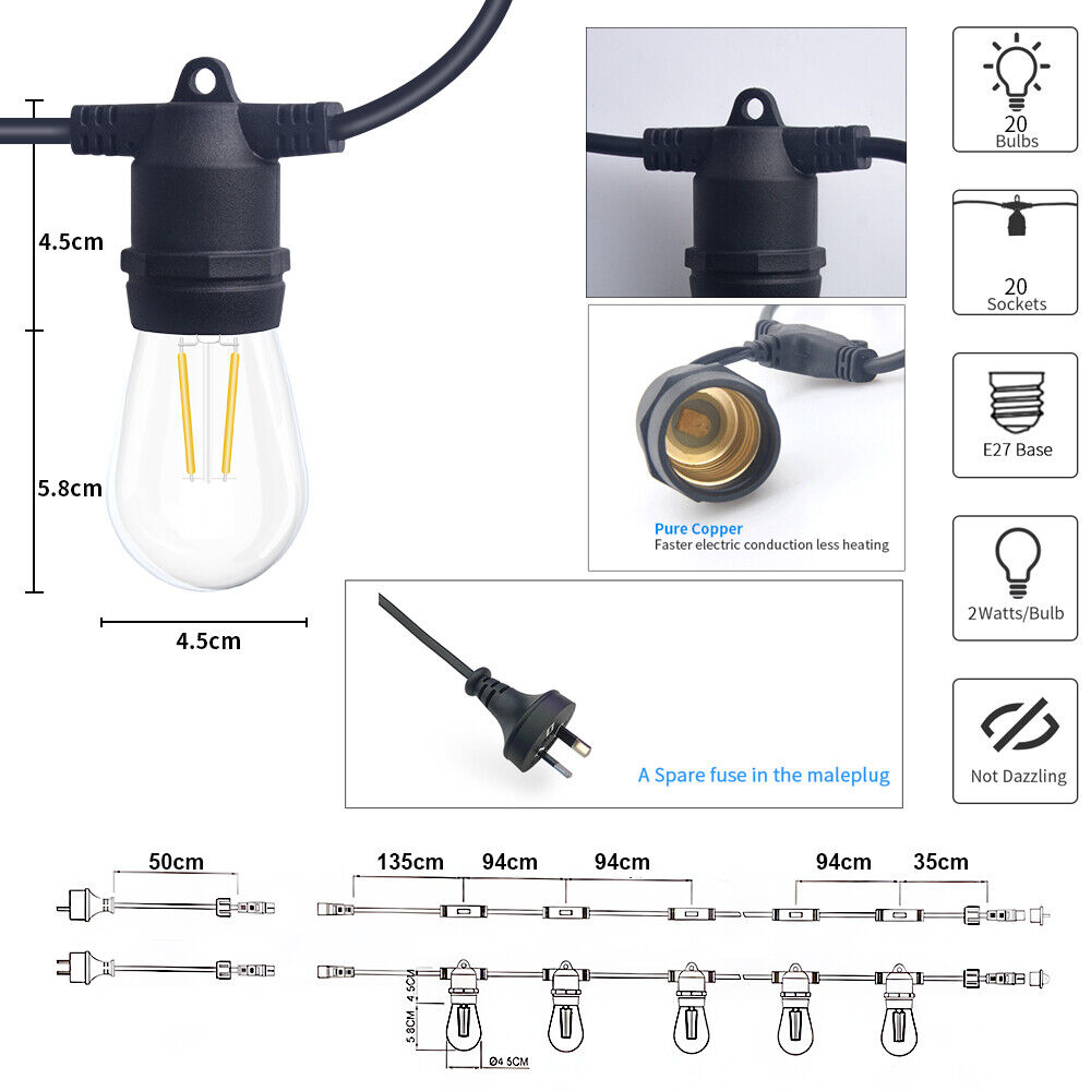 20M-200M Connectable LED Festoon String Lights Xmas Wedding Party Patio Dimmable