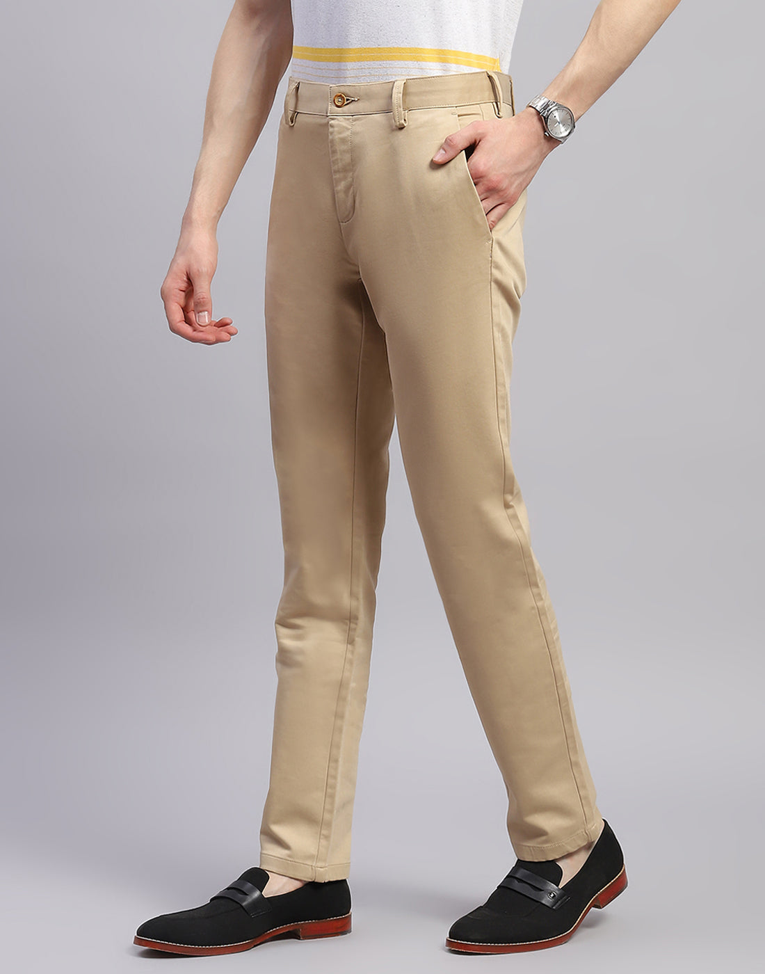 Men Beige Solid Regular Fit Trouser