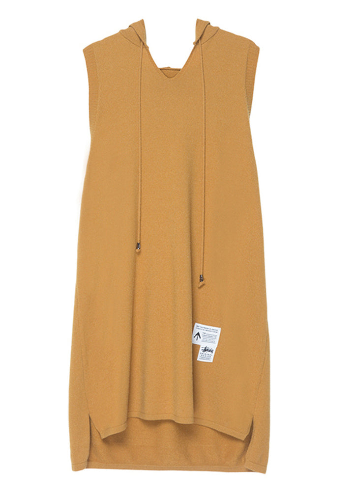 Slim Fit Yellow V Neck Drawstring Low High Design Knit Hooded Waistcoat Fall