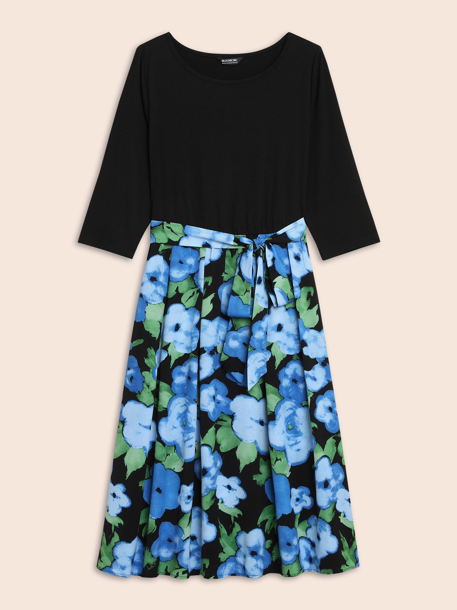 Round Neck Floral Patchwork Belted Dress