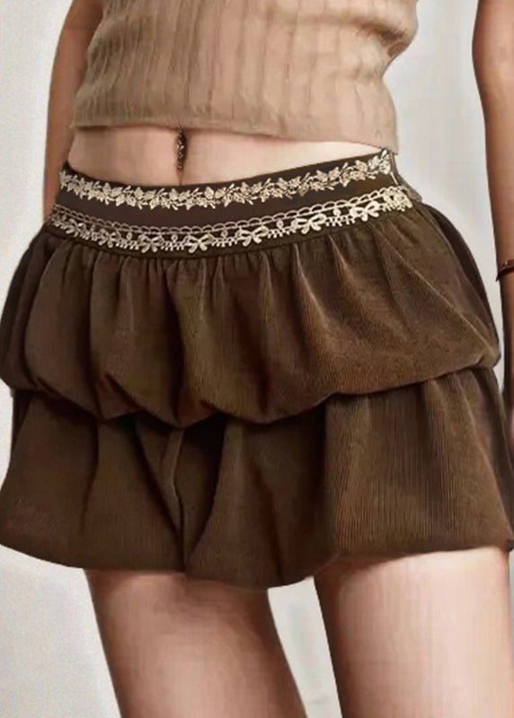 Women Brown Zippered Lace High Waist Corduroy Skirts Summer