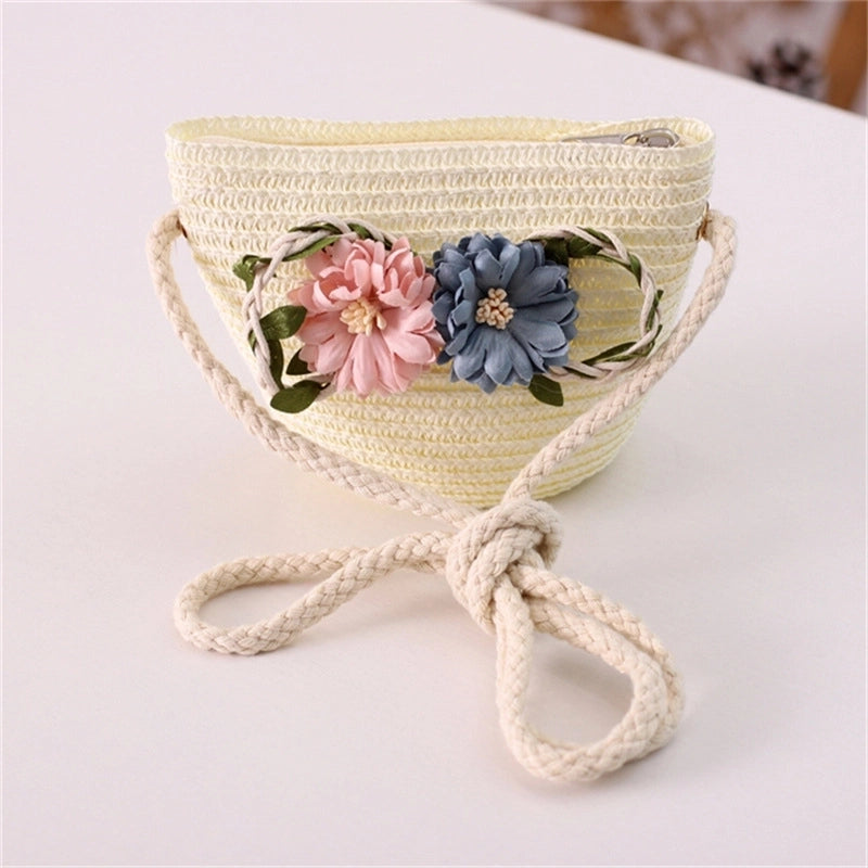 Girl's Straw Flower Strawberry Bow Knot Cute Bucket Zipper Crossbody Bag