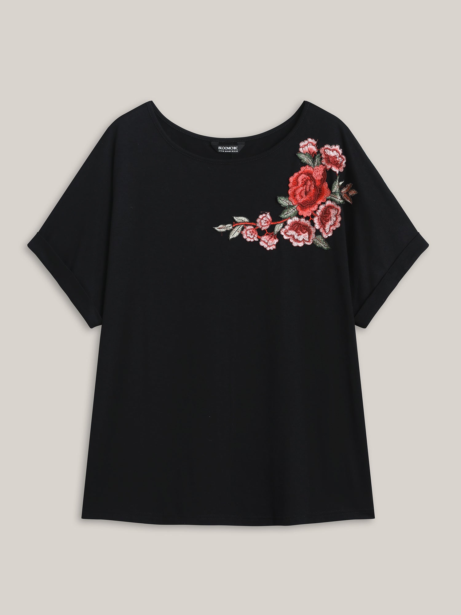Floral Detail Stretchy Knit Plain Top
