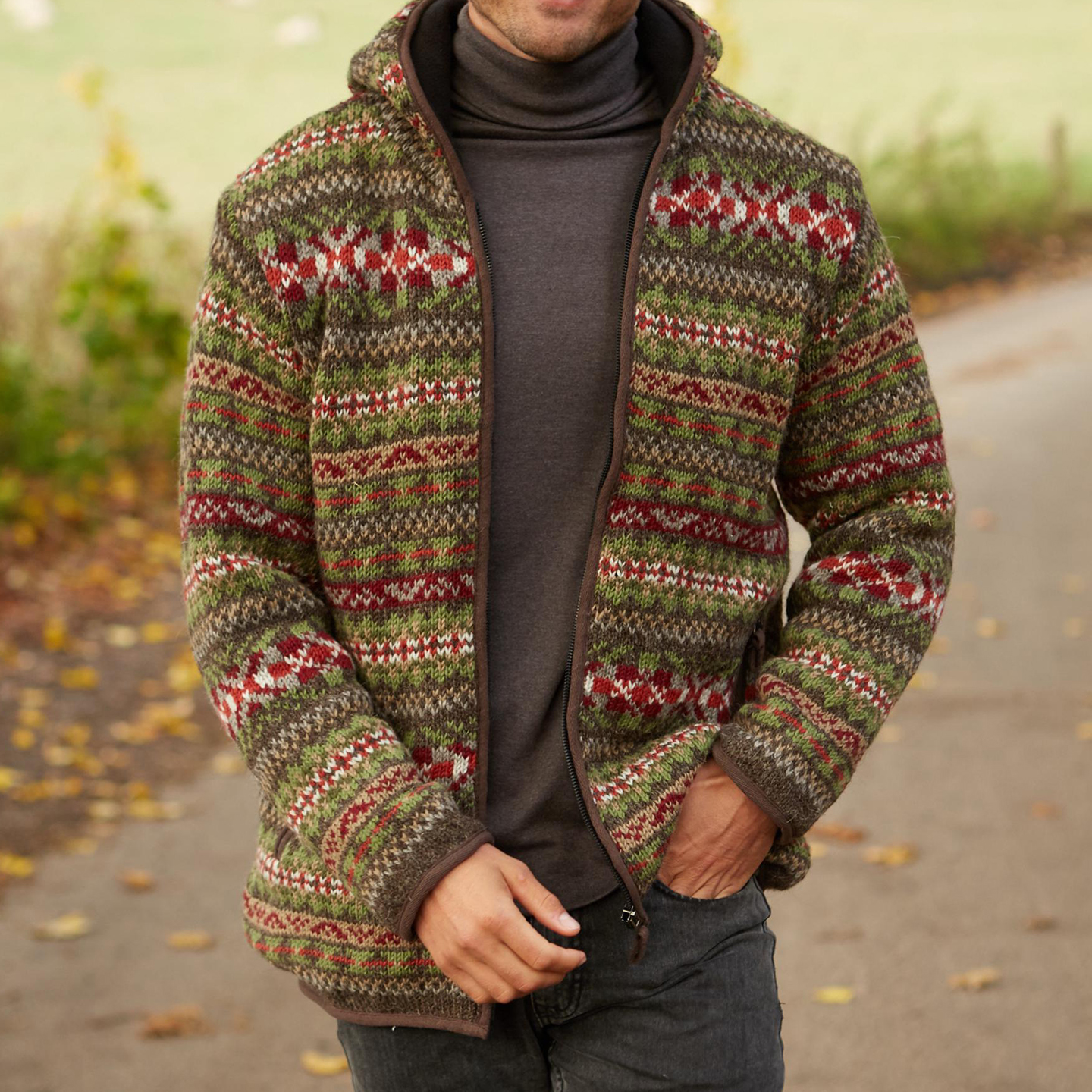 Mens Vintage Fair Isle Knitted Hooded Cardigan