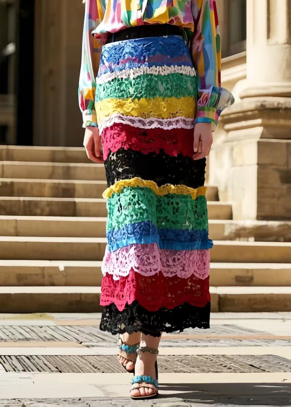 Silm Fit Polychrome Wraped Patchwork Lace Skirt Spring