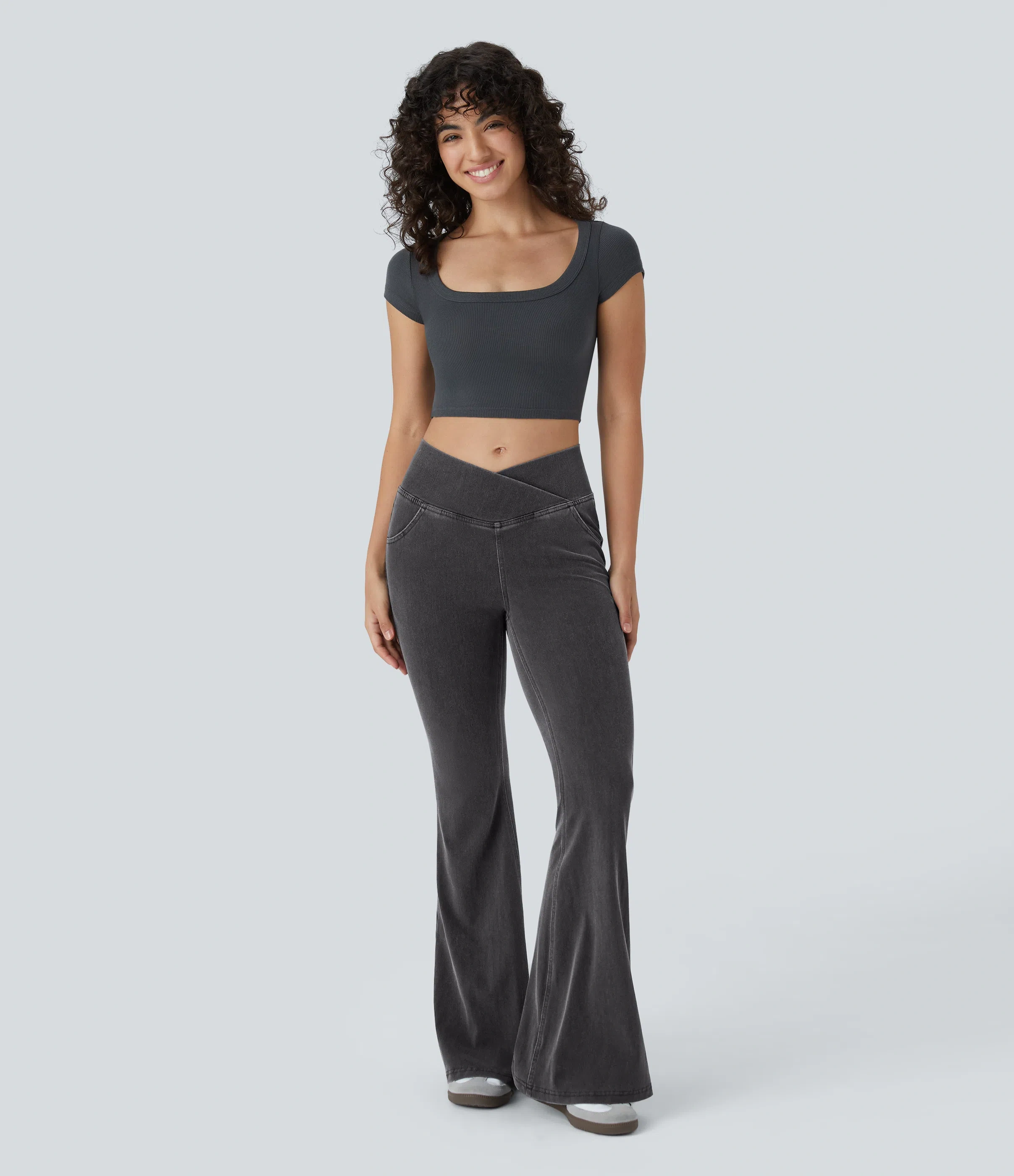 ⚡8 Packs for $25.95⚡- High Waisted Crossover Pocket Washed Stretchy Knit Casual Super Flare Jeans