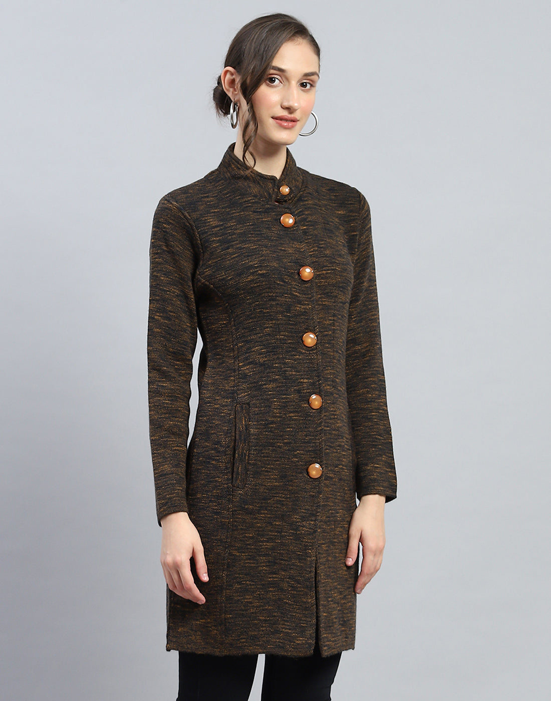 Women Brown Self Design High Neck Full Sleeve Knitted coat