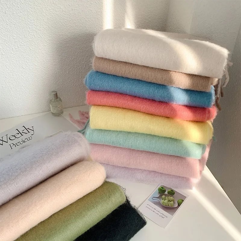 Solid Color Mohair Scarf For Women Autumn And Winter New Thick Braid Winter Student Shawl Scarf