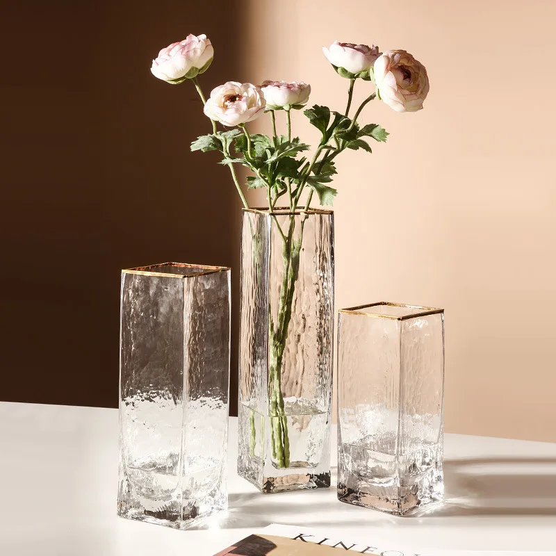 Wedding Porcelain clear glass Gradient Flower Rectangular Long Hand Crystal Glass Vase for Table Decoration