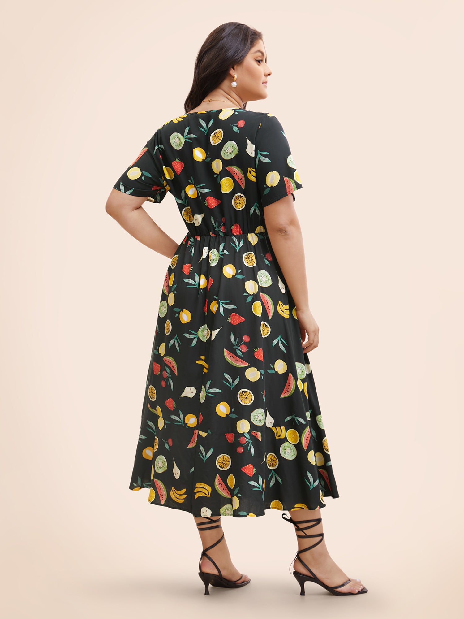 Fruit Print Elastic Waist Gathered Dress