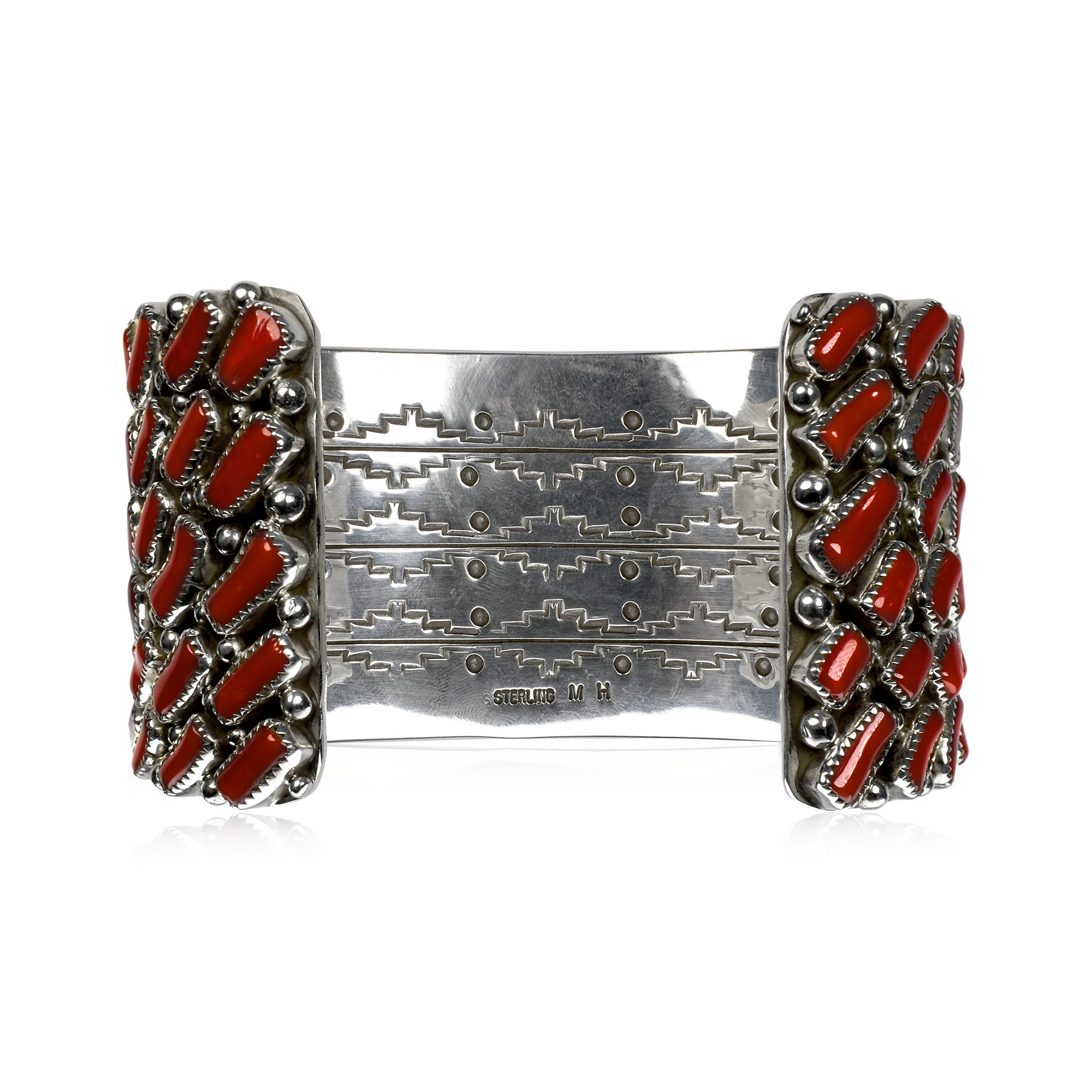 Sea of Japan Baguette Cut Coral and Sterling Silver Cuff