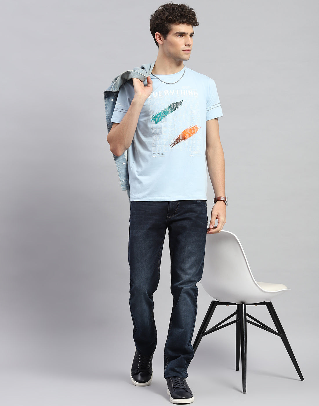 Men Sky Blue Printed Round Neck Half Sleeve T-Shirt