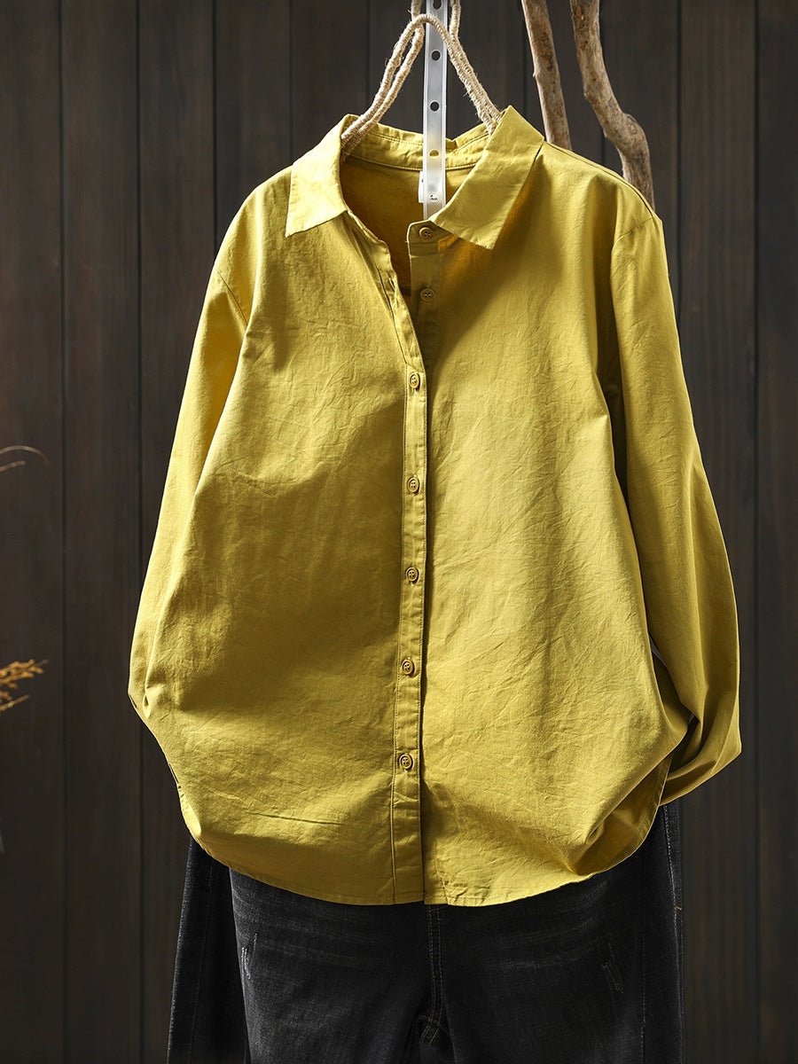 Women Summer Pure Color Turn-down Collar 100%Cotton Shirt