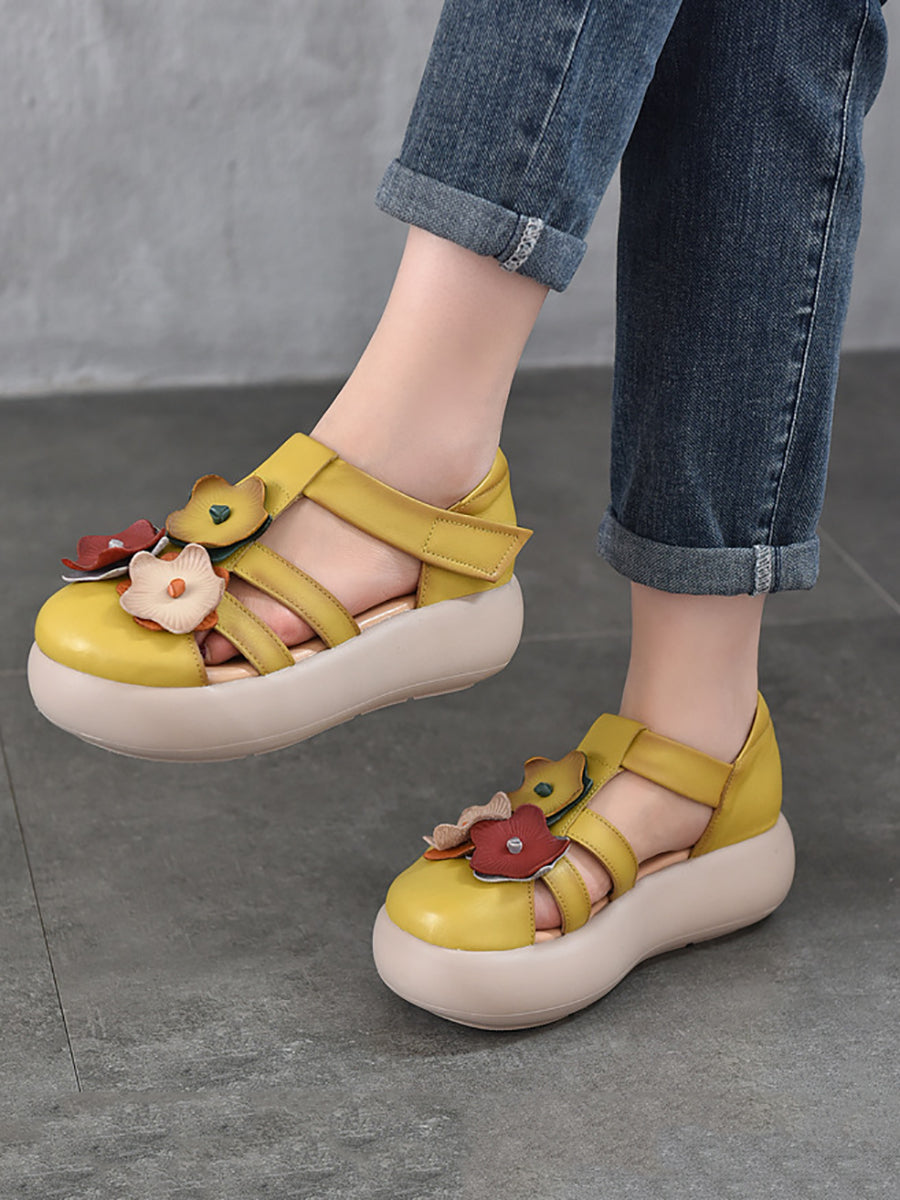 Women Summer Genuine Leather Flower Platform Sandals