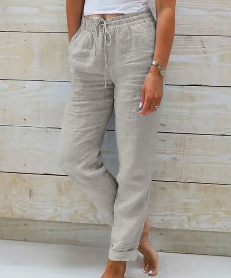 Women's high waist elastic waist solid color cotton and linen casual pants