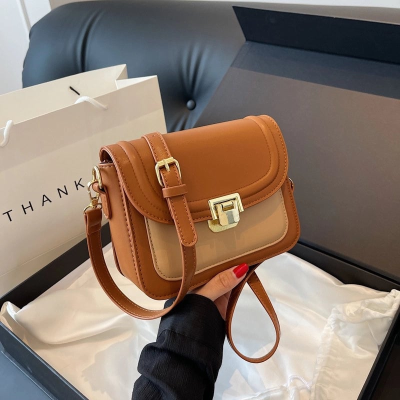 Women's Small Pu Leather Color Block Streetwear Square Lock Clasp Shoulder Bag Crossbody Bag