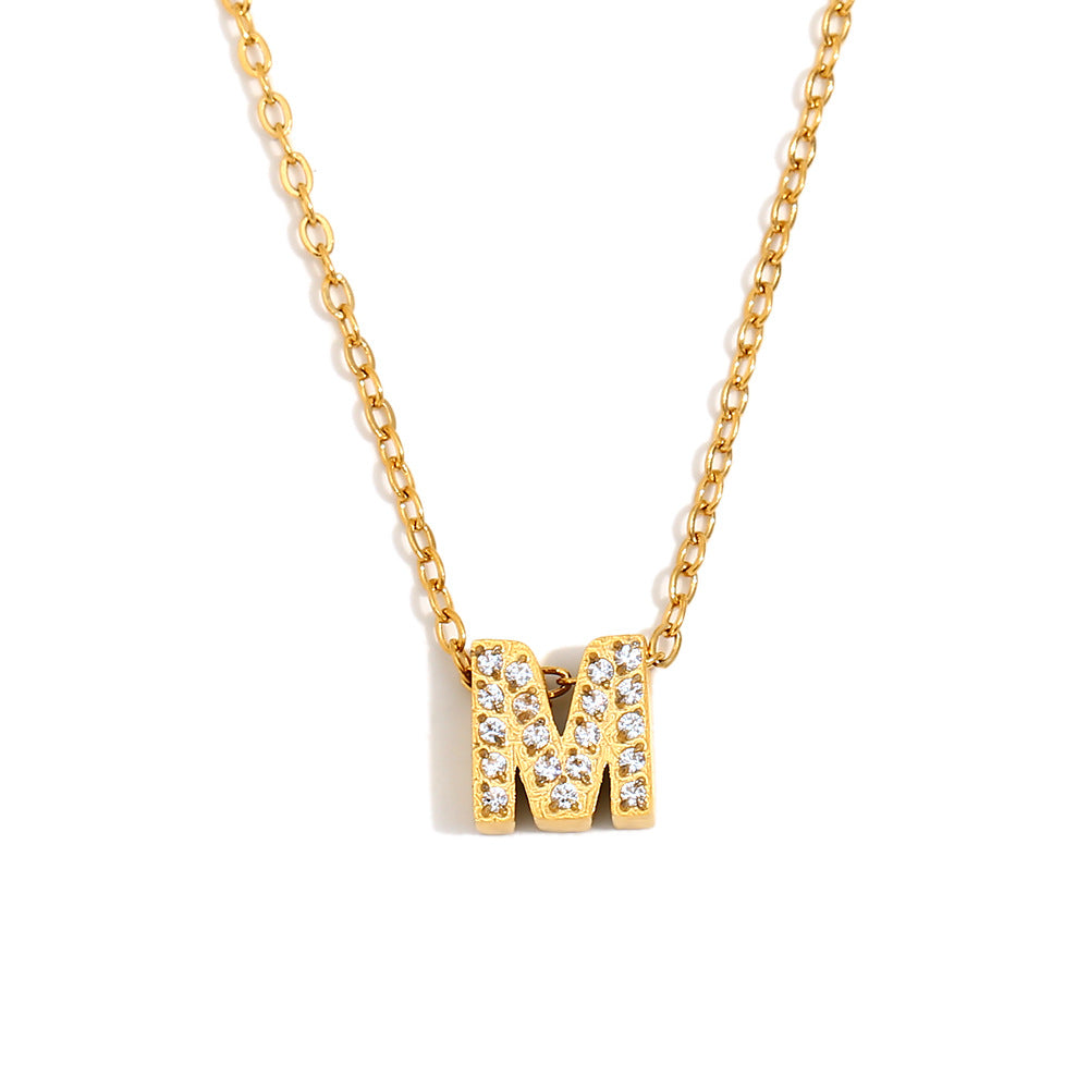 Fashionable And Simple 26 English Letter Pendant Stainless Steel Plated 18K Gold Diamond Small Letter Necklace For Women