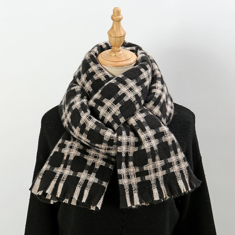 Tic Grid Striped Scarf Women's Winter High Sense  Warm Versatile Winter Bib Shawl Dual-Use