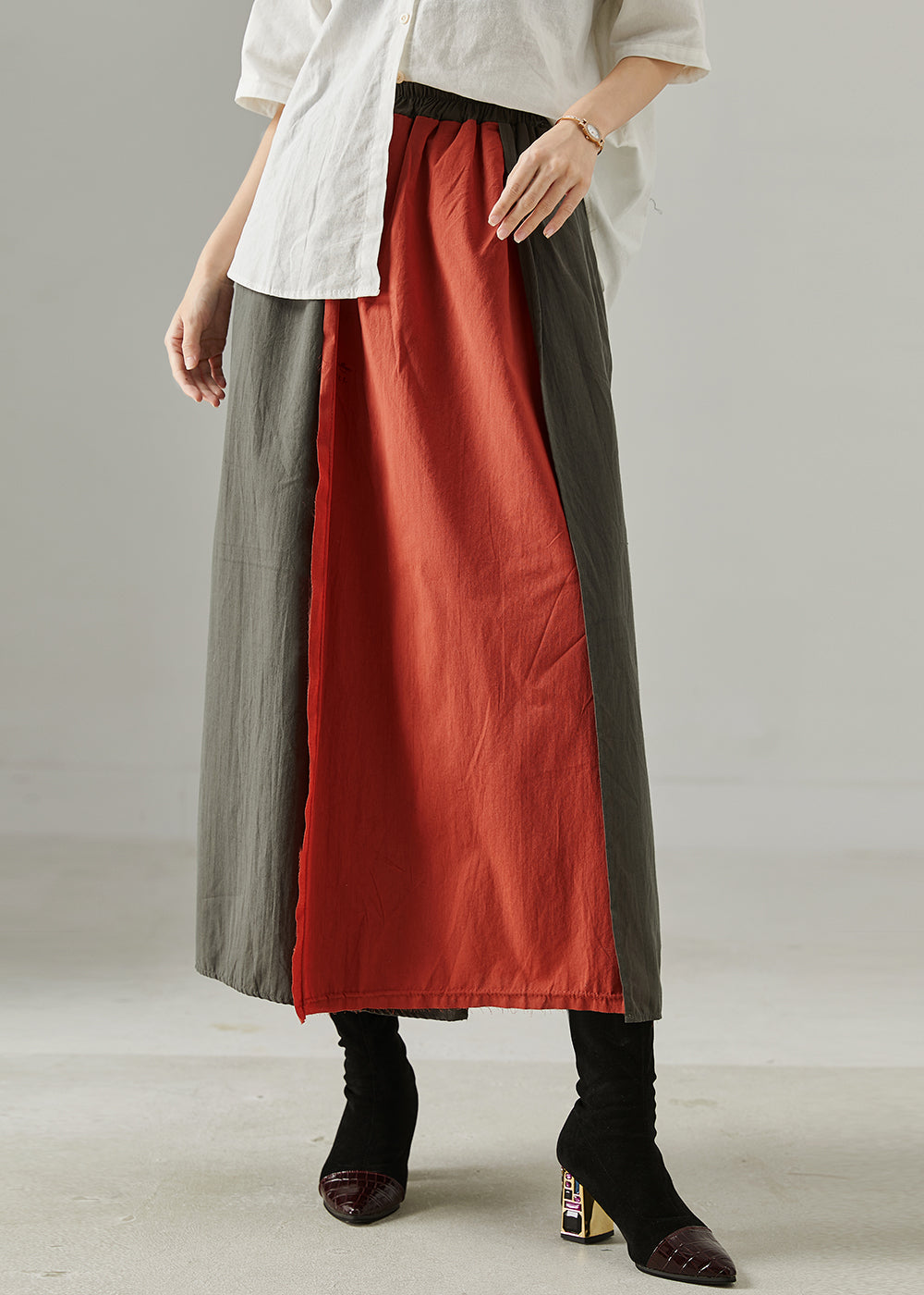 Casual Red Elastic Waist Patchwork Cotton Skirts Spring