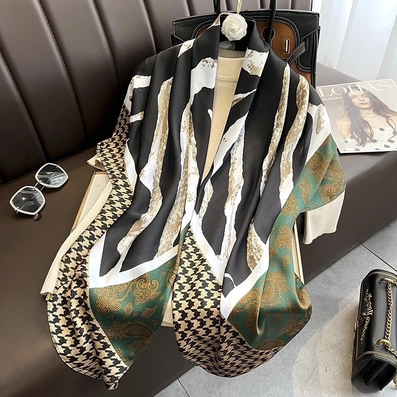 Classic Blue Orange Big Flower Simulation Silk Scarf Large Square Shawl