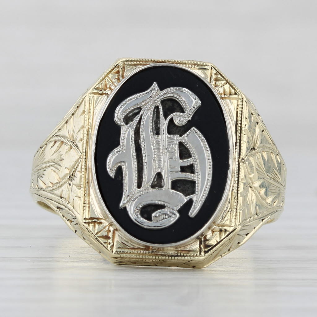 Vintage Ornate Old English Letter G Onyx Signet Ring 14k Gold Size 12