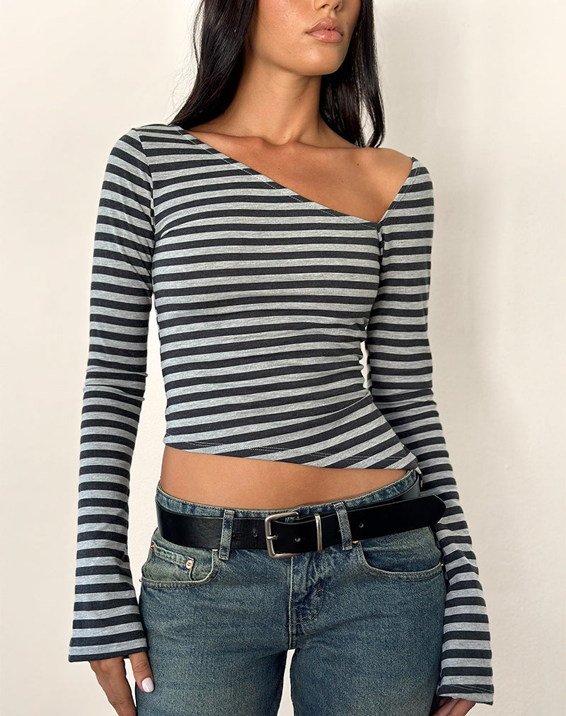 Dalene Asymetric Long Sleeve Top in Grey and Black Stripe