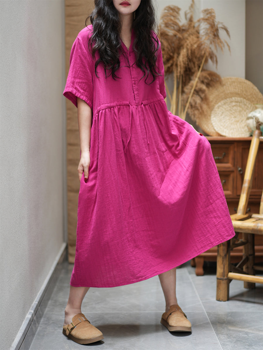 Women Summer Casual Pure Color V-Neck Cotton Dress
