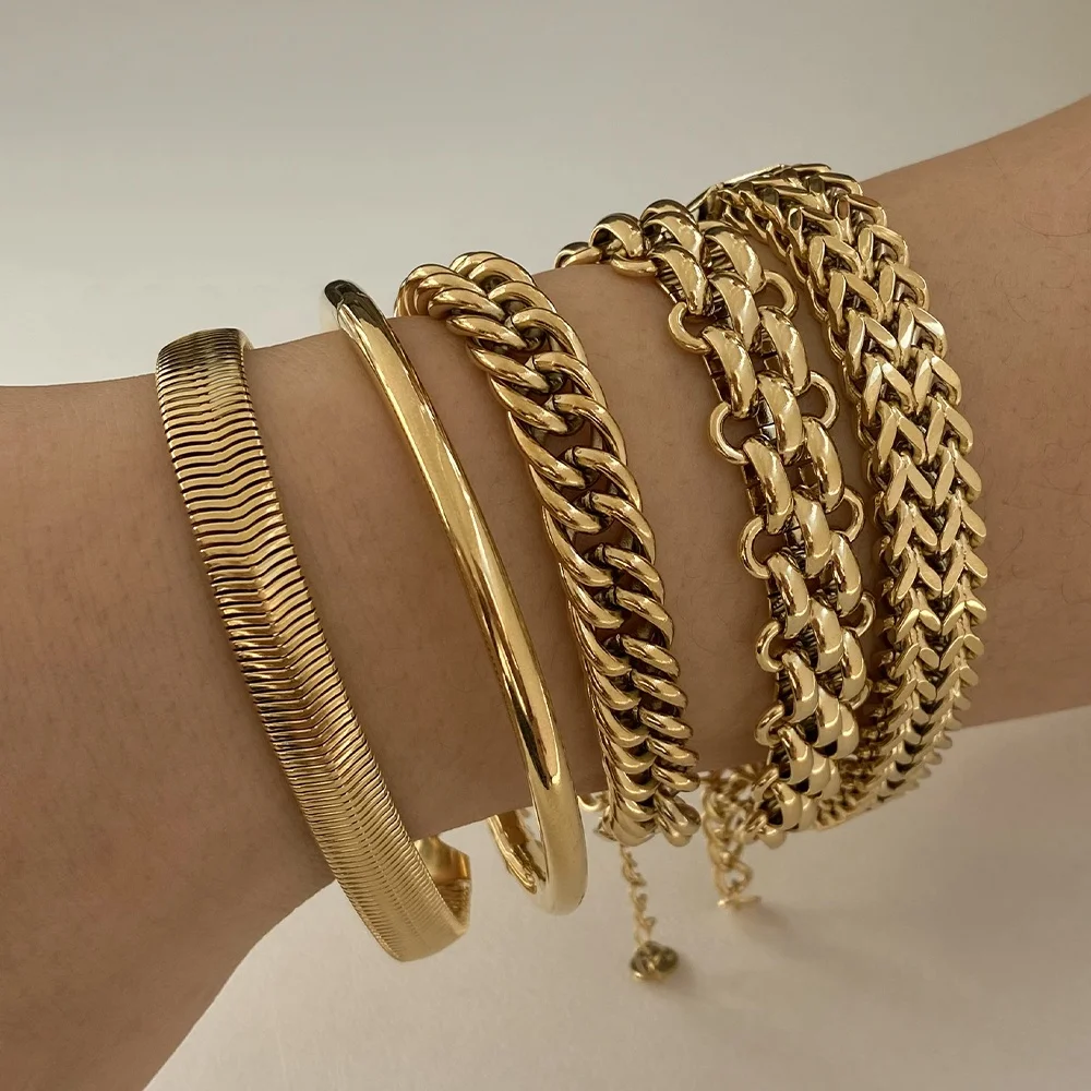 Punk Wide Mesh Wide Thick Belt Bracelet 16K Gold Plated Stainless Steel Cuban Snake Link Chain Bangle Bracelets