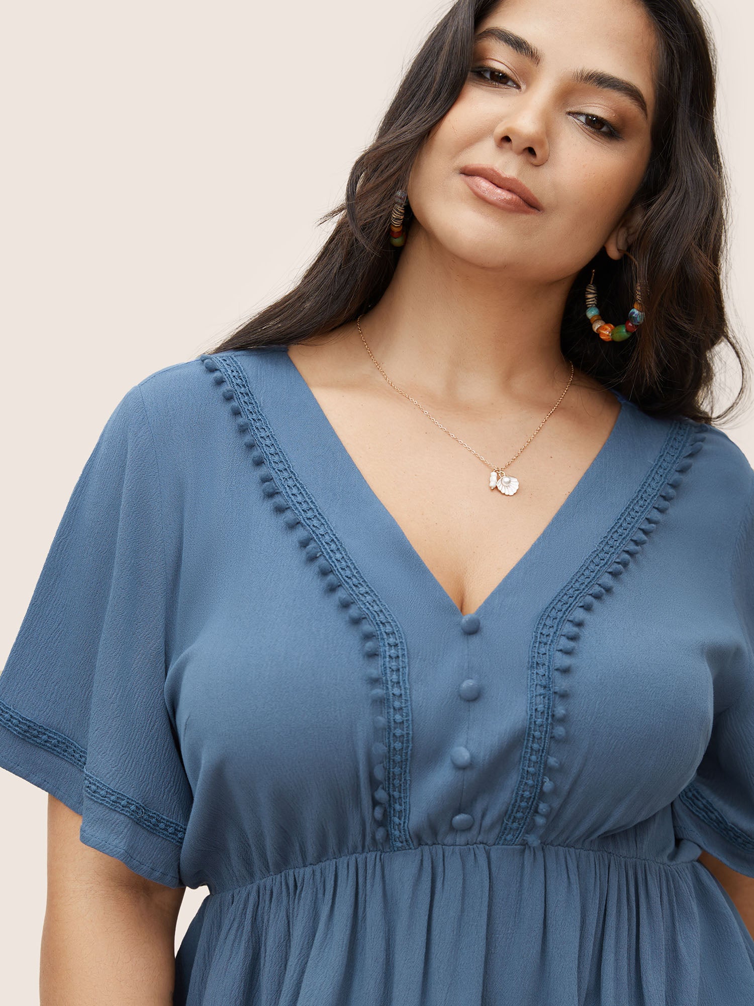 Rayon Plain Button Detail Pompom Trim Blouse