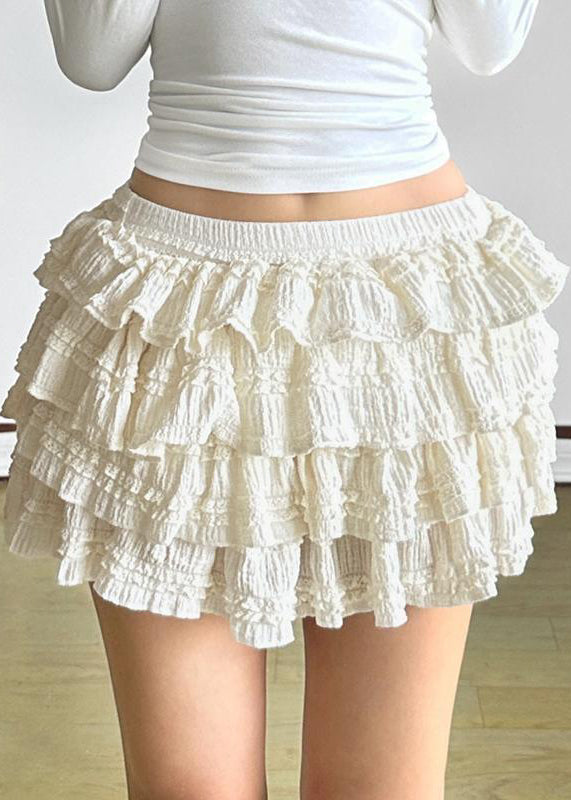 New Beige Wrinkled Elastic Waist Cotton Skirt Summer