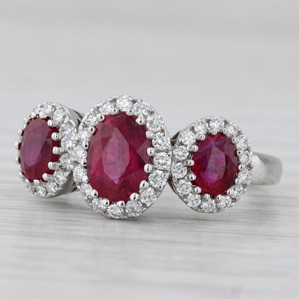 2.22ctw Ruby 3-Stone Diamond Halo Ring 14k White Gold Size 5.75