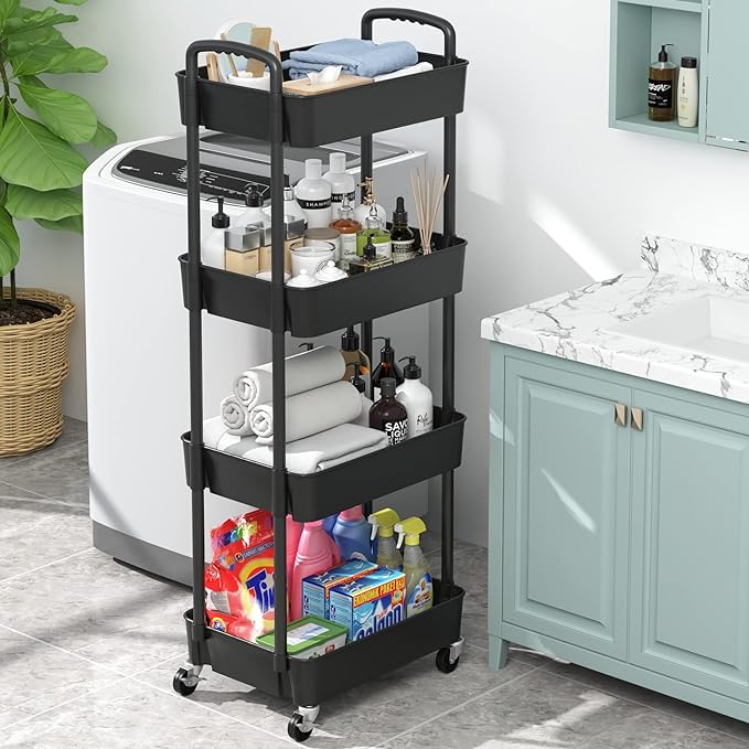 4-Tier Plastic Rolling Utility Cart .Movable Storage Organizer with Wheels