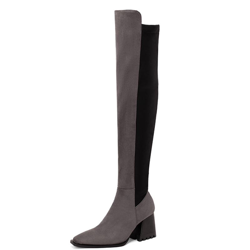 Suede Colorblock Patchwork Pointy Toe Chunky Heels High Leg Boots