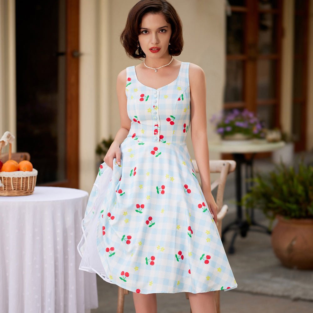 Strawberry Patterns Pleated Buttons Decorated Elastic Waist High Waist Swing A-Line Skirt with Pockets