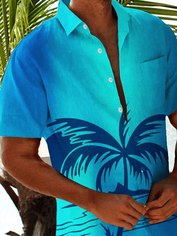 Men's Hawaiian Coconut Tree Ombre Print Pocket Shirt