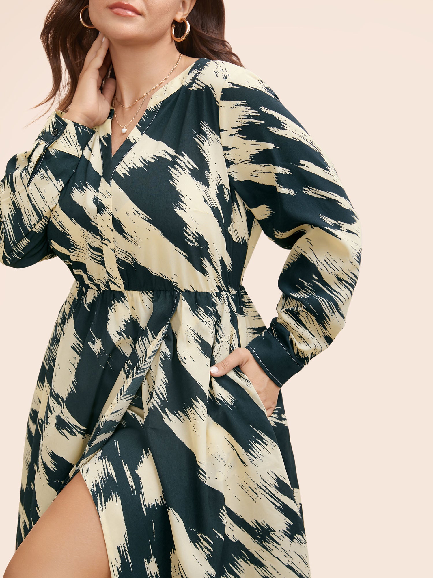 Brush Print Notched Collar Midi Dress