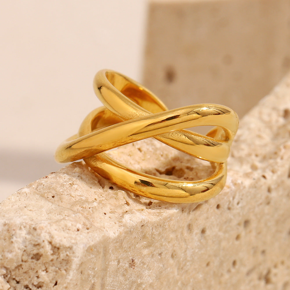 Niche Trend Stainless Steel 18K Gold Plated Cross Line Fishbone Flower Crab Turtle Open Ring