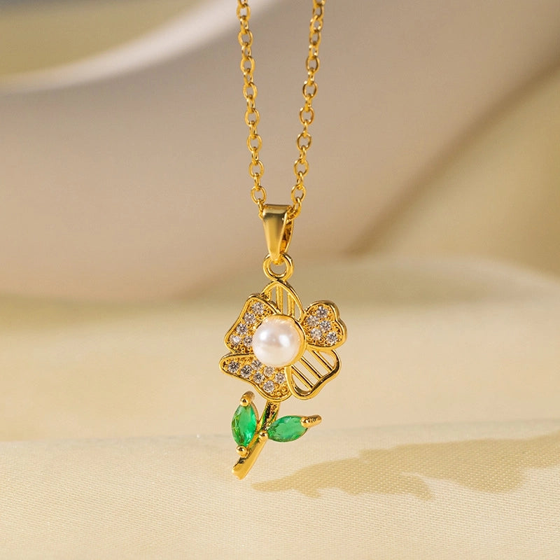 Sweet Minimalist Star Heart Shape Bow Knot Titanium Steel Zircon Plating Inlay Pendant Necklace
