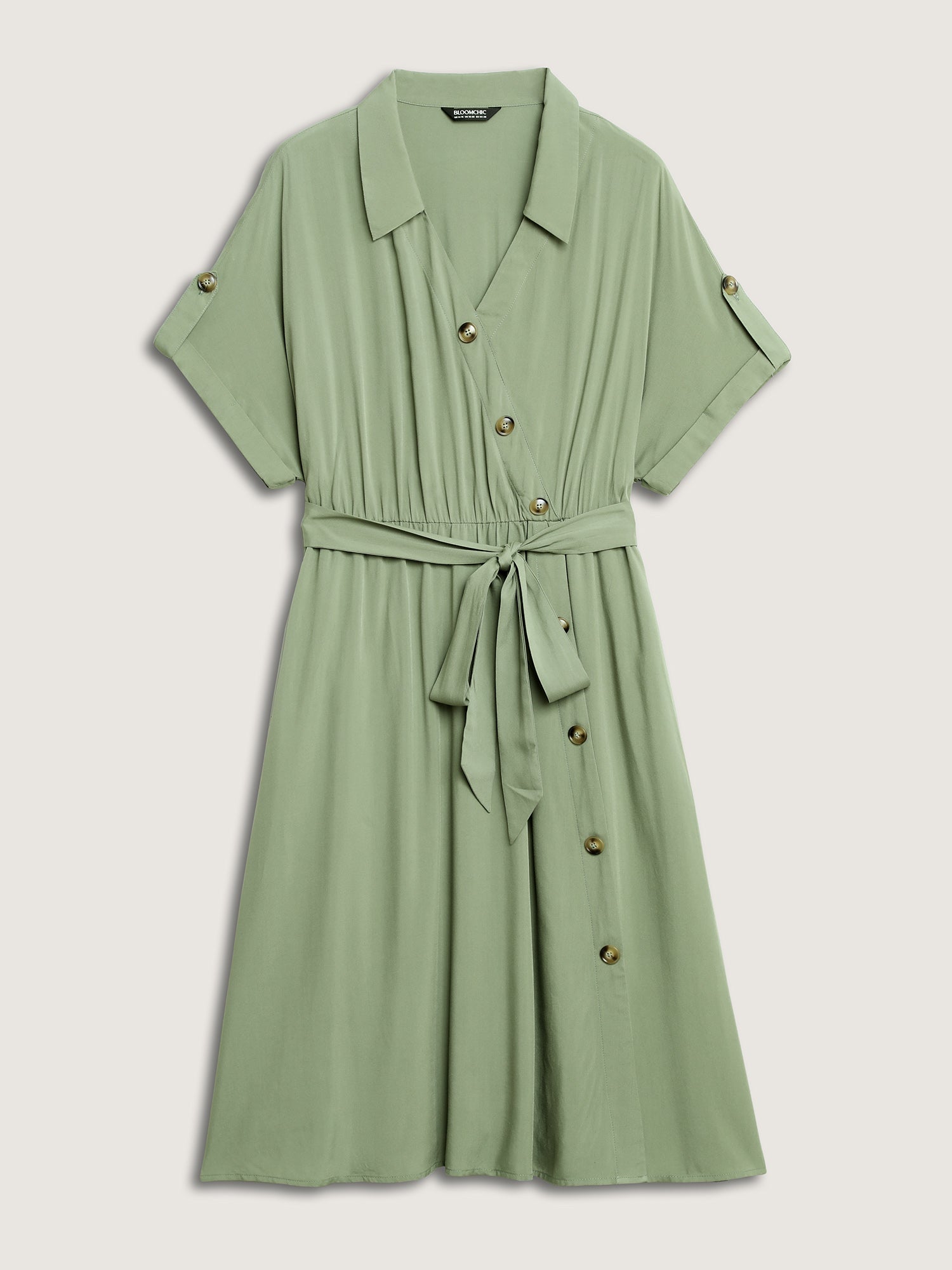 Rayon Button Detail Belted Pockets Midi Dress