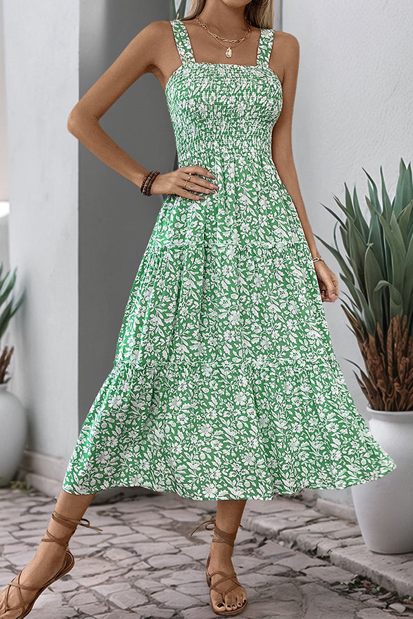 Fashion Smocked Floral Print High Waist Casual Dress