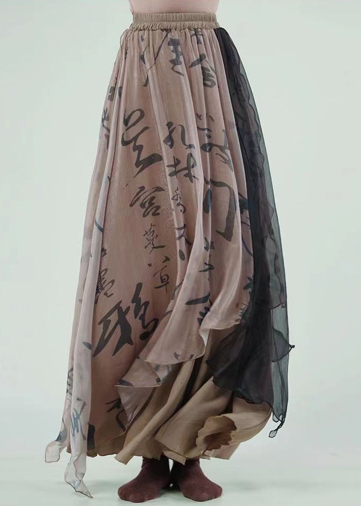 Coffee Print High Waist Cotton Maxi Skirts Asymmetrical