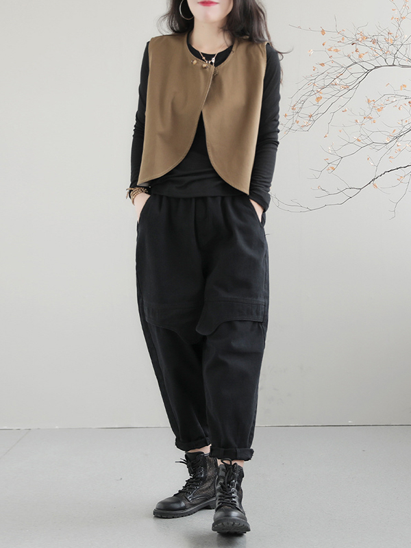 Artistic Retro Loose Sleeveless Solid Color Round-Neck Vest Outerwear