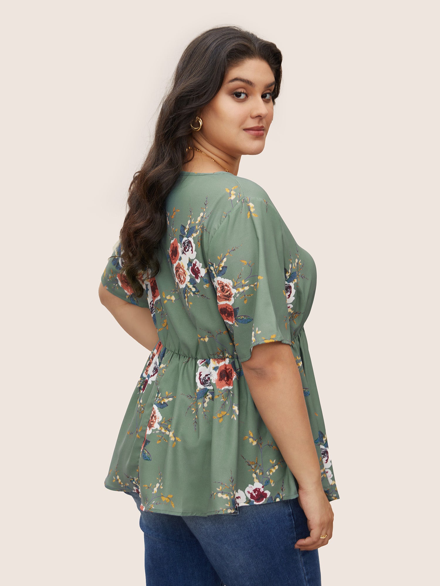 Floral Print Wrap Ruffles Asymmetrical Hem Blouse